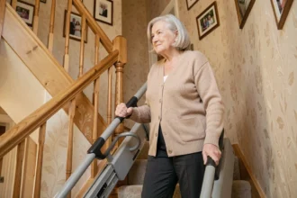 Femme âgée utilisant un monte-escalier debout sans installation sur un escalier résidentiel