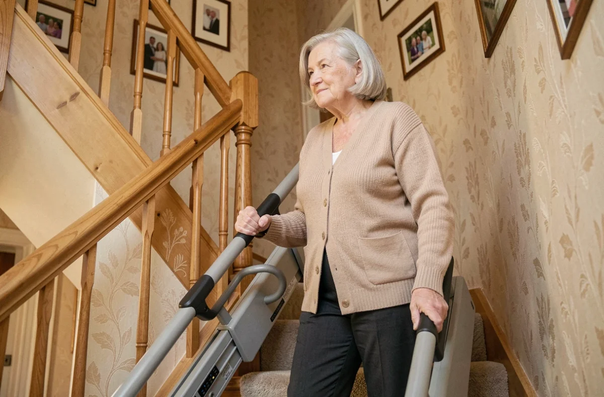 Femme âgée utilisant un monte-escalier debout sans installation sur un escalier résidentiel