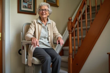 Femme âgée assise sur un monte escalier mobile sans installation dans une maison traditionnelle française avec escalier en bois