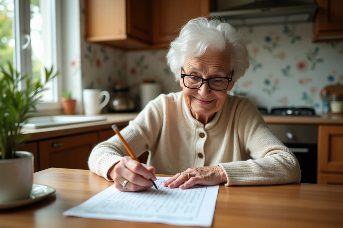Femme âgée concentrée sur une grille de mots mêlés imprimée, assise à une table en bois dans une cuisine chaleureuse avec une tasse de thé
