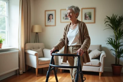 Femme agee avec rollator dans un salon chaleureux