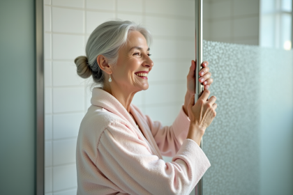 Femme agee souriante dans la salle de bain avec barre de maintien