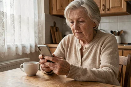 Une femme âgée tient un téléphone mobile simple à grosses touches pour lire un SMS dans sa cuisine