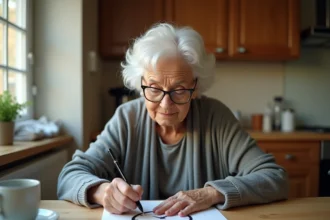 Femme âgée dessinant une horloge sur papier lors d'un test cognitif de dépistage d'Alzheimer
