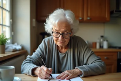 Femme âgée dessinant une horloge sur papier lors d'un test cognitif de dépistage d'Alzheimer