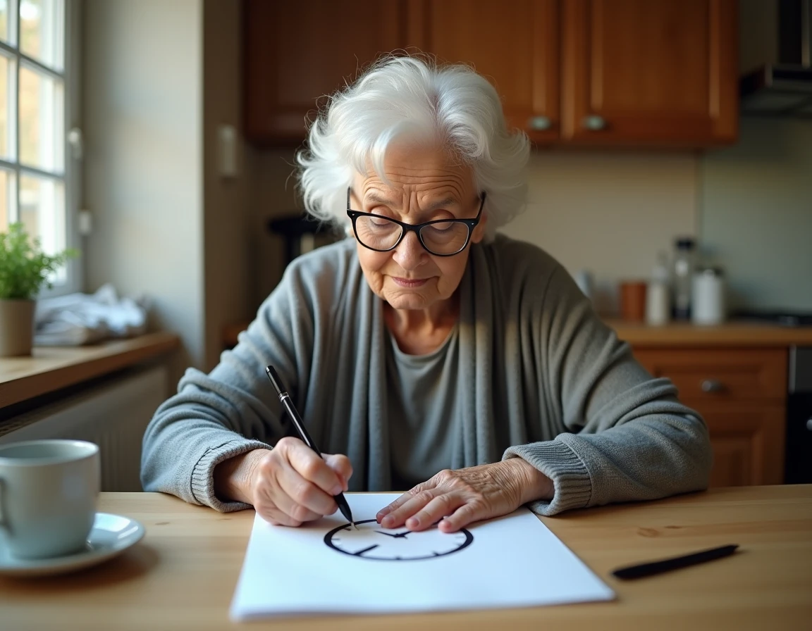 Femme âgée dessinant une horloge sur papier lors d'un test cognitif de dépistage d'Alzheimer