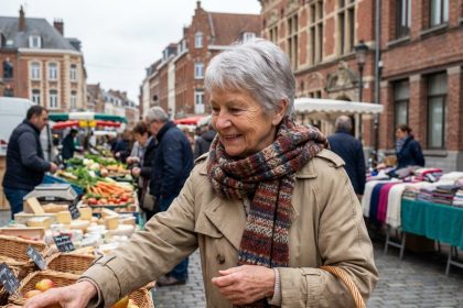 Femme âgée souriante dans un marché à Roubaix