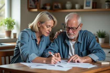 Femme aidant son père âgé à lire des papiers dans la cuisine