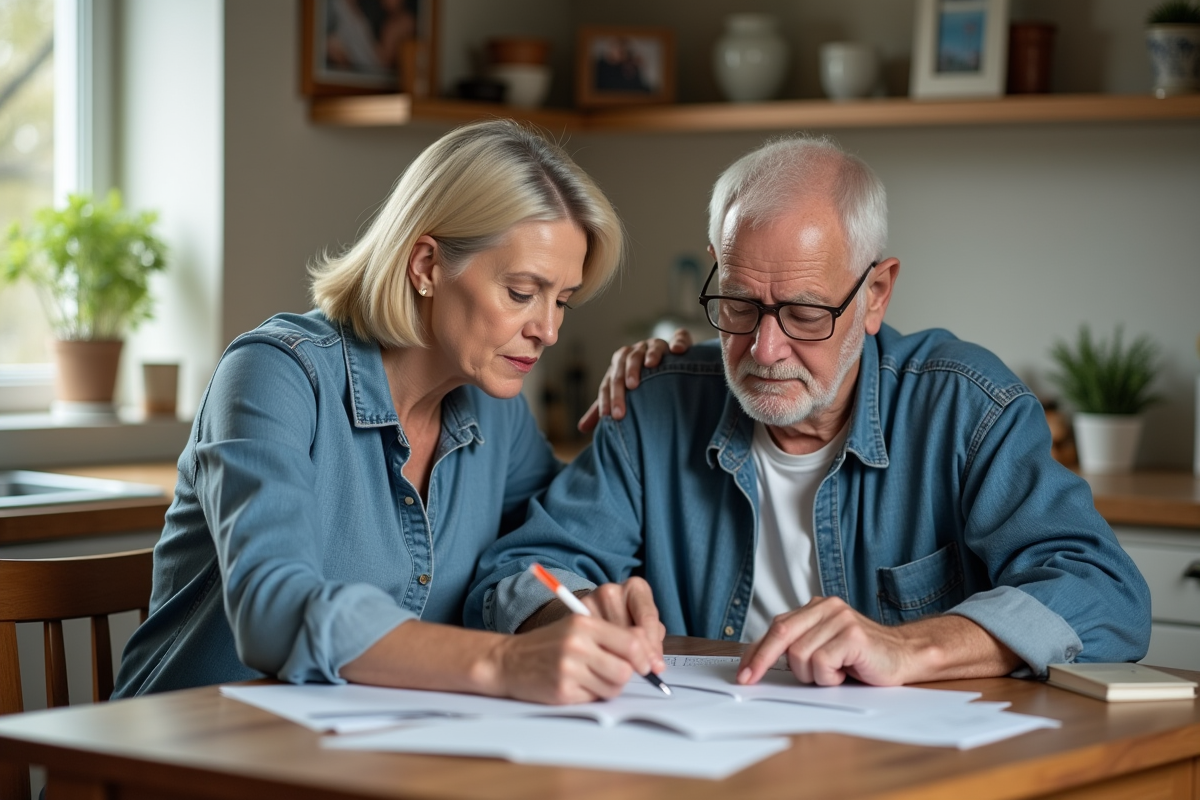 Femme aidant son père âgé à lire des papiers dans la cuisine