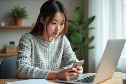 Femme utilisant une application de suivi de mesures sur smartphone à son bureau à domicile