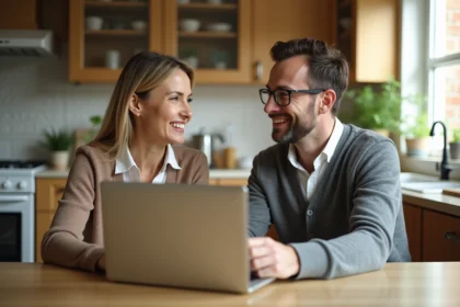 Femme d'âge moyen discutant avec un jeune homme dans une cuisine lumineuse