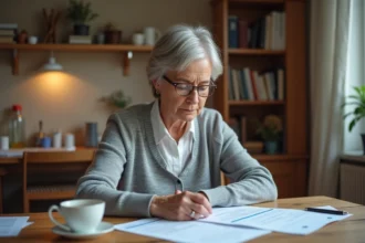 Femme d'âge mûr consultant des documents administratifs liés à l'AAH à une table de cuisine
