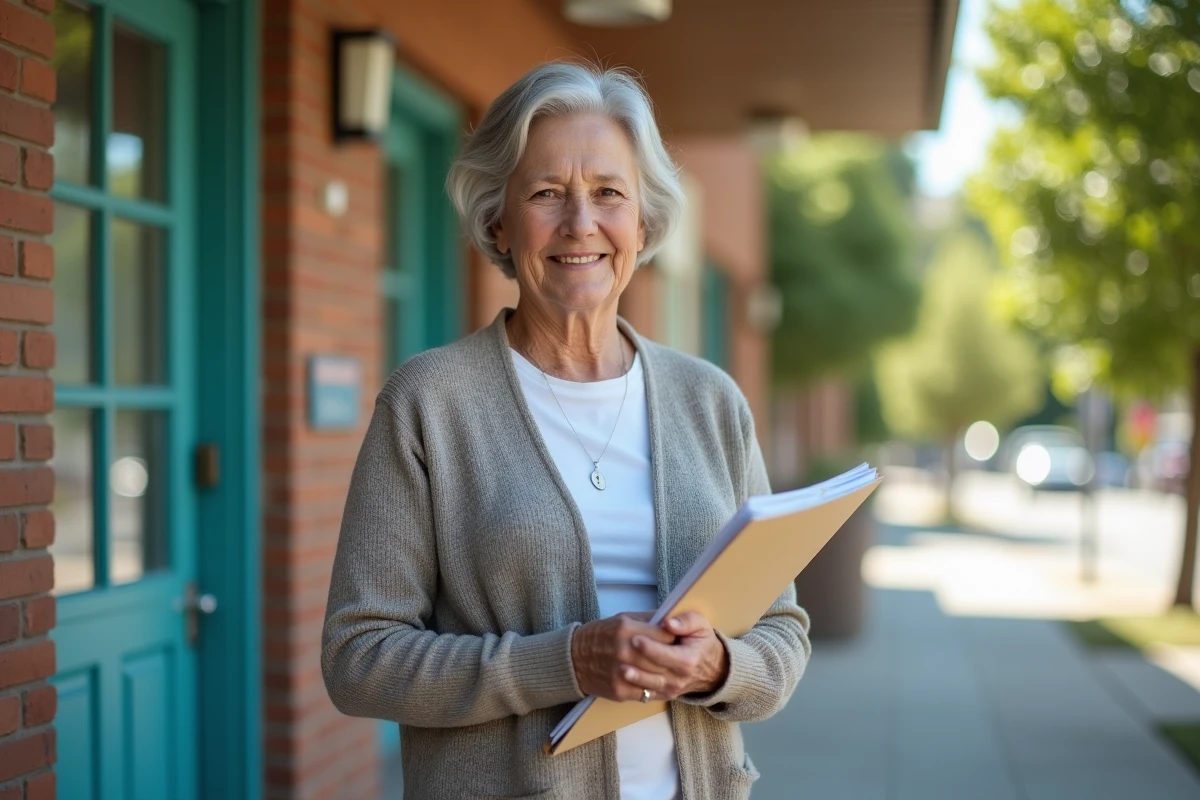Femme âgée souriante devant une clinique de santé
