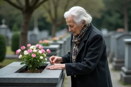 Femme âgée arrangeant des fleurs sur une tombe dans un cimetière