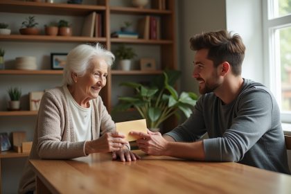 Femme âgée remettant une enveloppe à un jeune homme dans un salon chaleureux