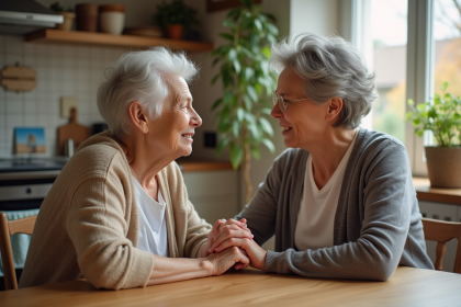 Femme âgée avec sa fille dans la cuisine chaleureuse