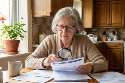 Femme âgée examinant des factures dans la cuisine