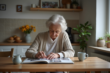 Femme âgée feuilletant un album photo dans la cuisine