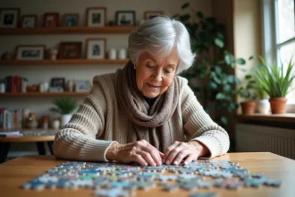 Femme de 90 ans assemble un puzzle dans un salon chaleureux
