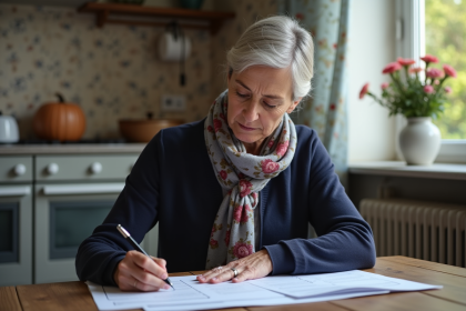 Femme âgée lisant des documents dans une cuisine chaleureuse