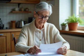 Femme âgée lisant des papiers dans sa maison chaleureuse