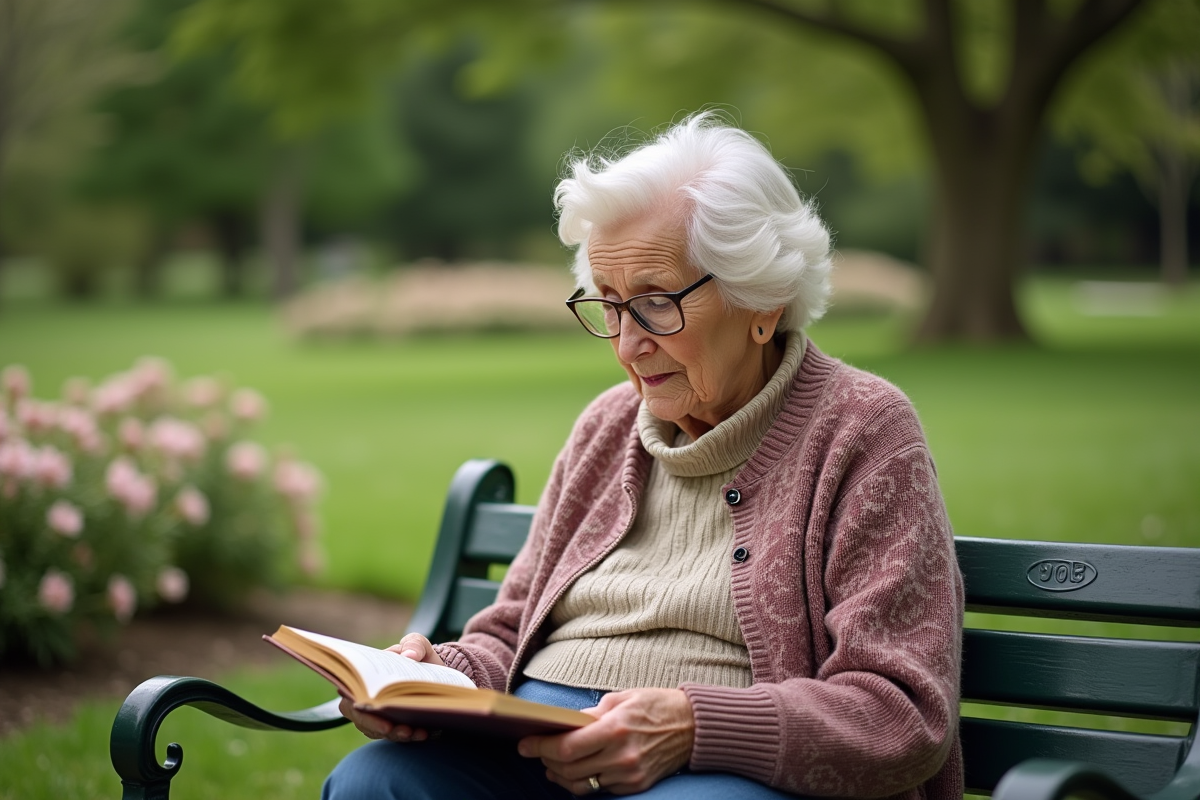 Femme âgée lisant dans un parc en été