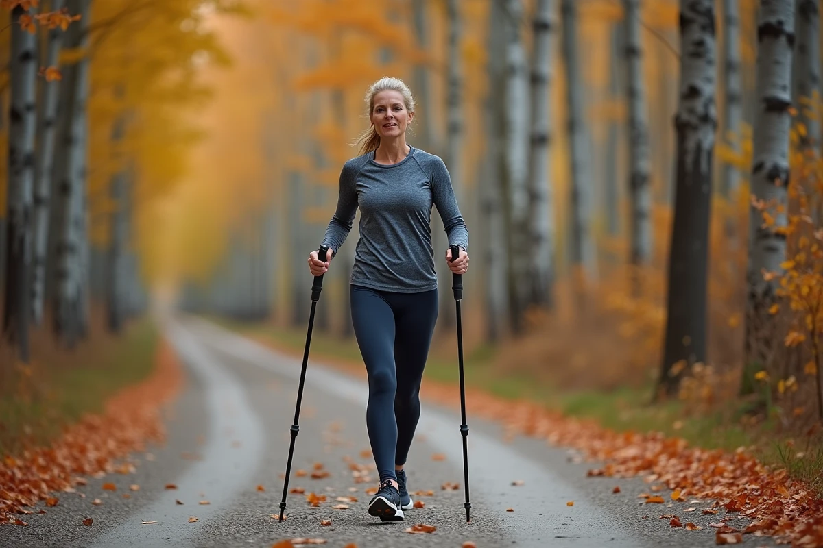 Femme de 50 ans pratiquant la marche nordique avec des bâtons sur un sentier forestier en automne, illustrant la vitesse de marche adaptée à l'âge