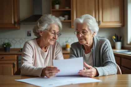 Femme moyenne âge et sa mère lisant des documents à la maison
