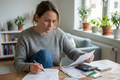 Femme organisée triant des papiers médicaux dans un appartement lumineux