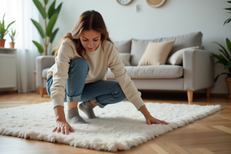 Femme posant un tapis antidérapant dans un salon lumineux