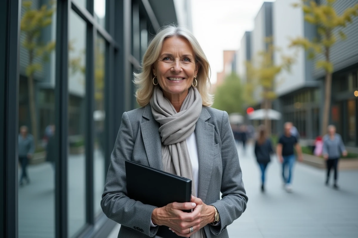 Femme professionnelle discutant devant un bâtiment urbain
