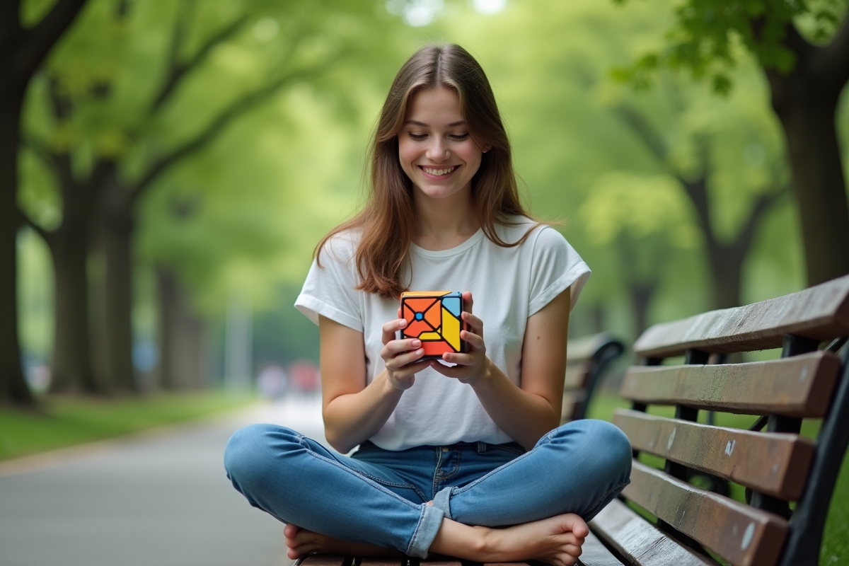 Jeune femme analyse un puzzle cube dans un parc urbain