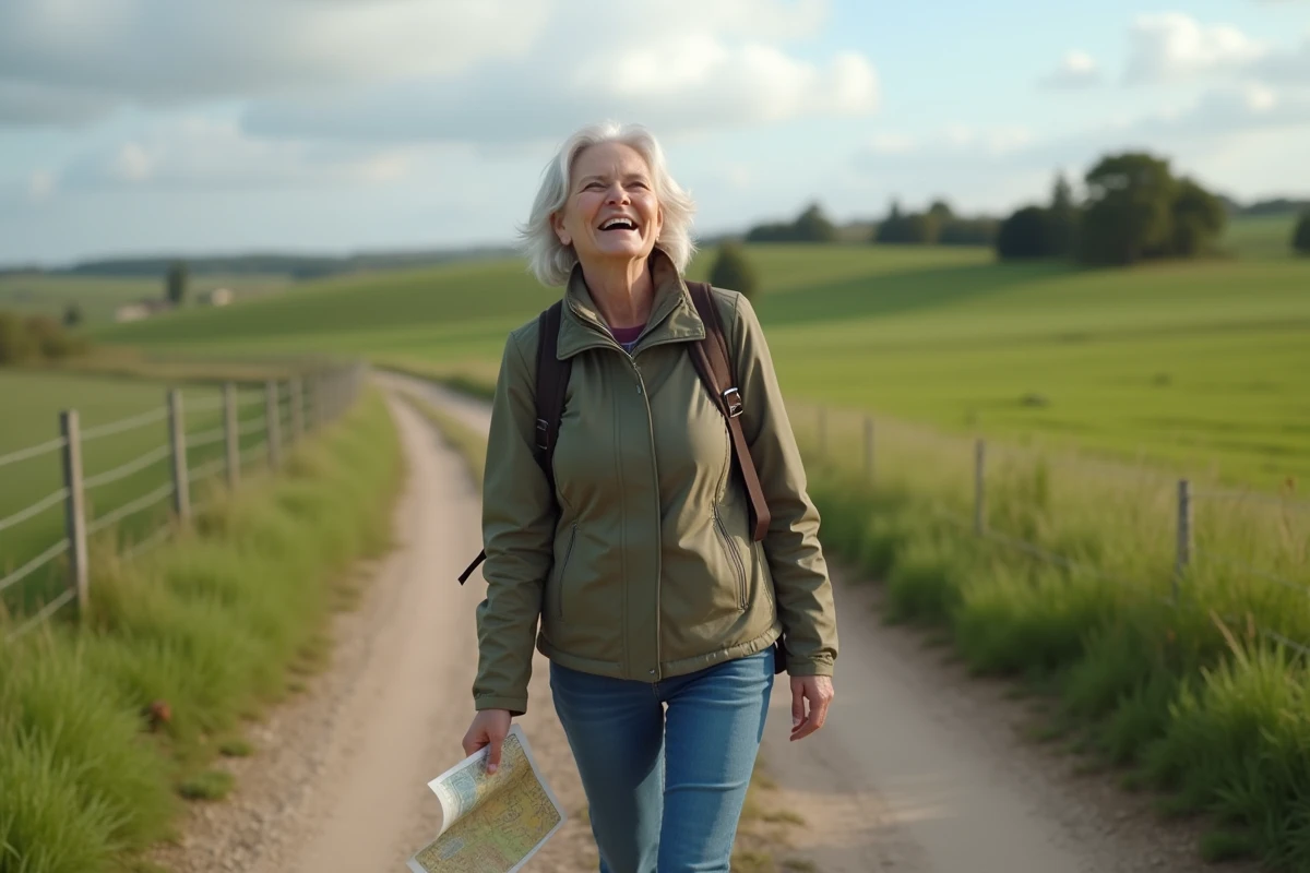 Femme en randonnée dans la campagne avec carte et sac à dos