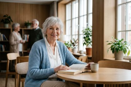 Femme âgée souriante lisant dans le salon commun d'une résidence senior moderne