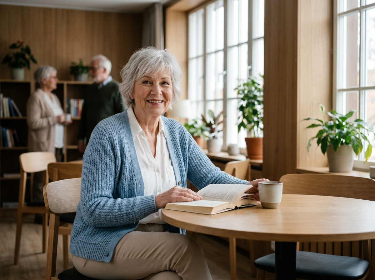 Femme âgée souriante lisant dans le salon commun d'une résidence senior moderne
