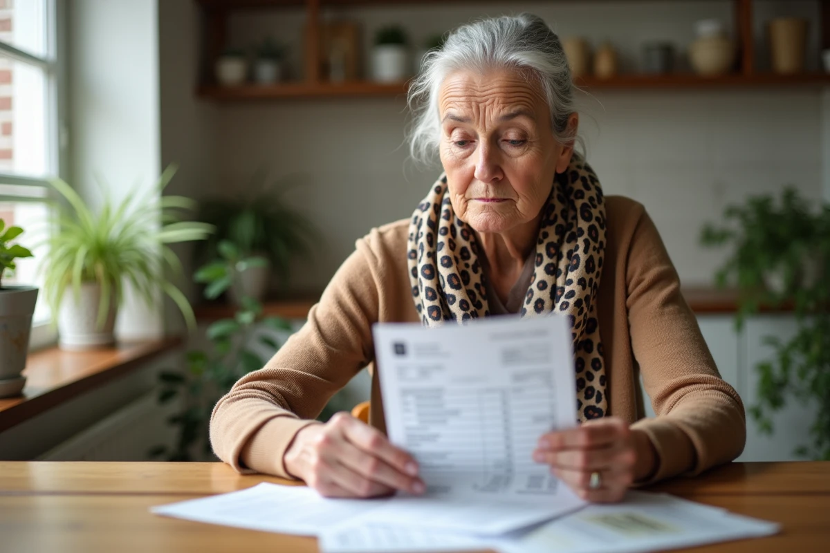 Femme retraitée examine un relevé bancaire dans la cuisine