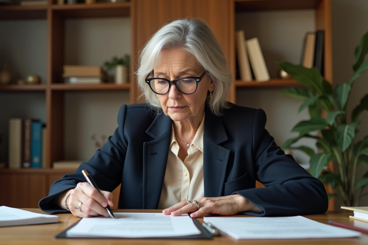 Femme de 55 ans consultant des documents sur le plafond de la retraite à son bureau à domicile