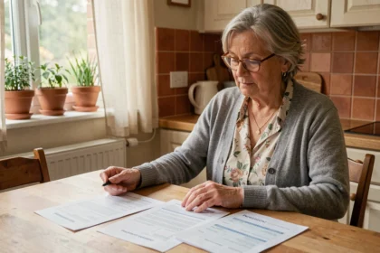 Femme retraitée qui examine ses documents de remboursement santé et de mutuelle à la table de sa cuisine