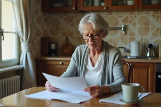 Femme retraitée lisant son relevé de pension Agirc Arrco à la table de sa cuisine