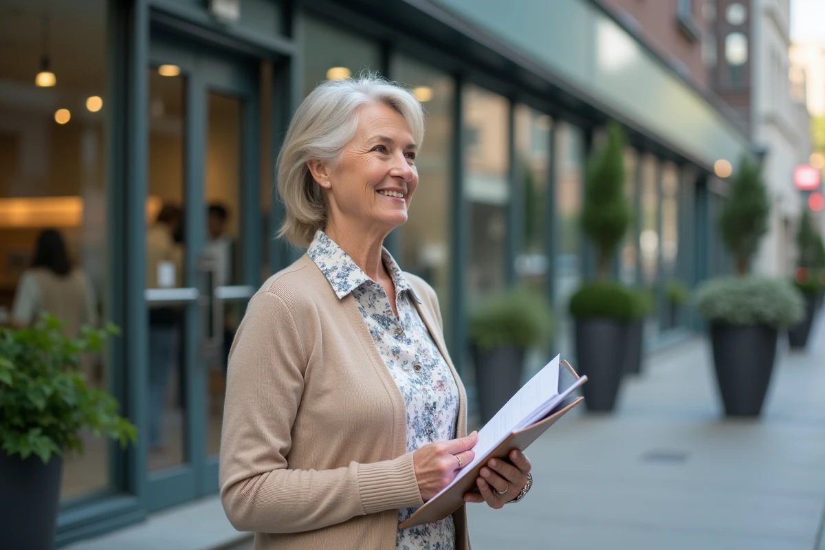 Femme retraitée souriante devant un bureau financier
