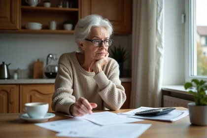 Femme réfléchissant à ses documents de retraite à la maison