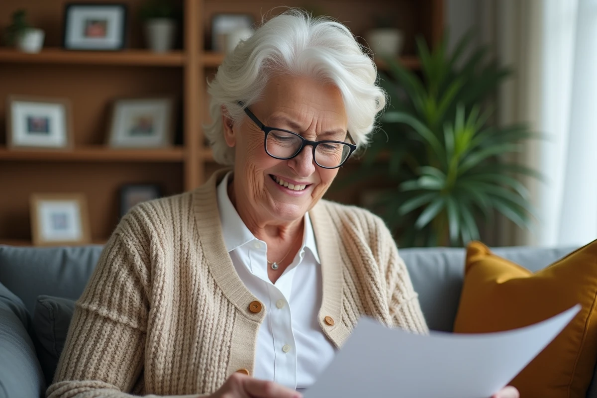 Femme âgée souriante lisant sa déclaration de pension