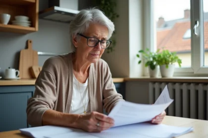 Femme âgée examine documents de pension dans une cuisine moderne