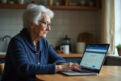 Femme senior achetant un billet de train en ligne avec la Carte Senior avantages sur un ordinateur portable dans sa cuisine