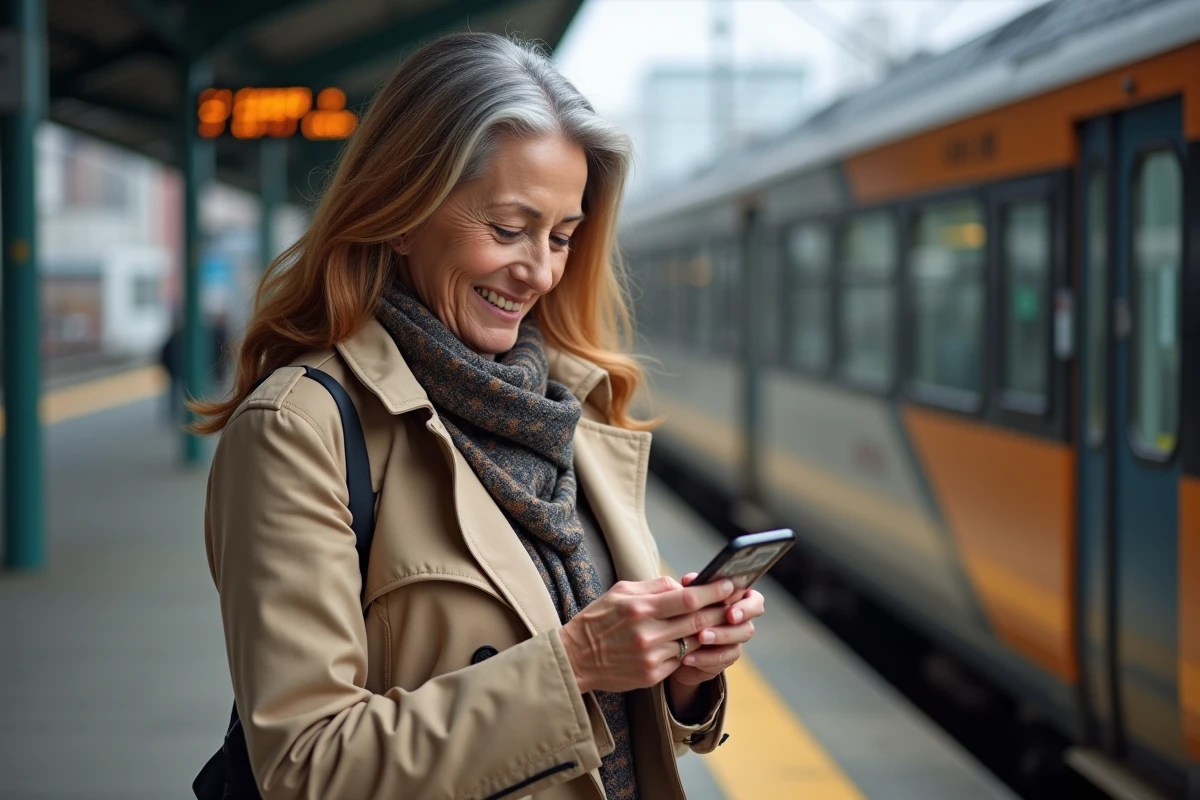 Femme senior consultant l'application mobile de réservation de billets SNCF avec sa Carte Senior sur un quai de gare