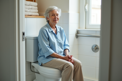 Femme senior dans salle de bain accessible confortable