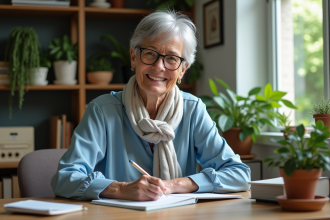 Femme senior souriante écrivant dans un journal dans son bureau