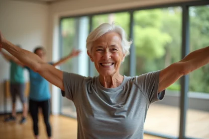 Femme senior souriante en séance de fitness en groupe