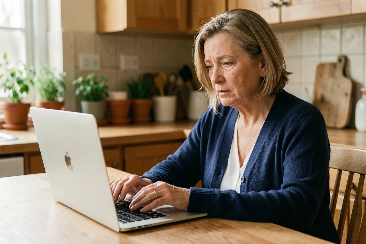 Femme senior remplissant son profil sur un site de rencontres pour seniors sur un ordinateur portable dans sa cuisine