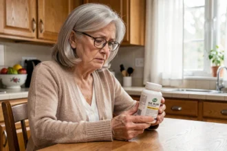 Femme senior lisant attentivement l'étiquette d'un complément alimentaire Bion 3 à la cuisine pour éviter un surdosage